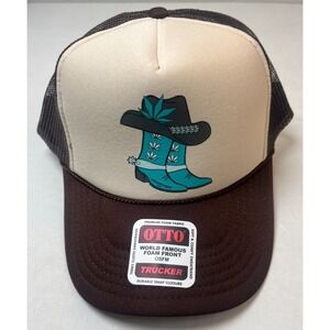Weedmaps Cowboy Boots Hat Texas Cannabis OTTO Trucker Cap‎ Brown Mesh Snapback